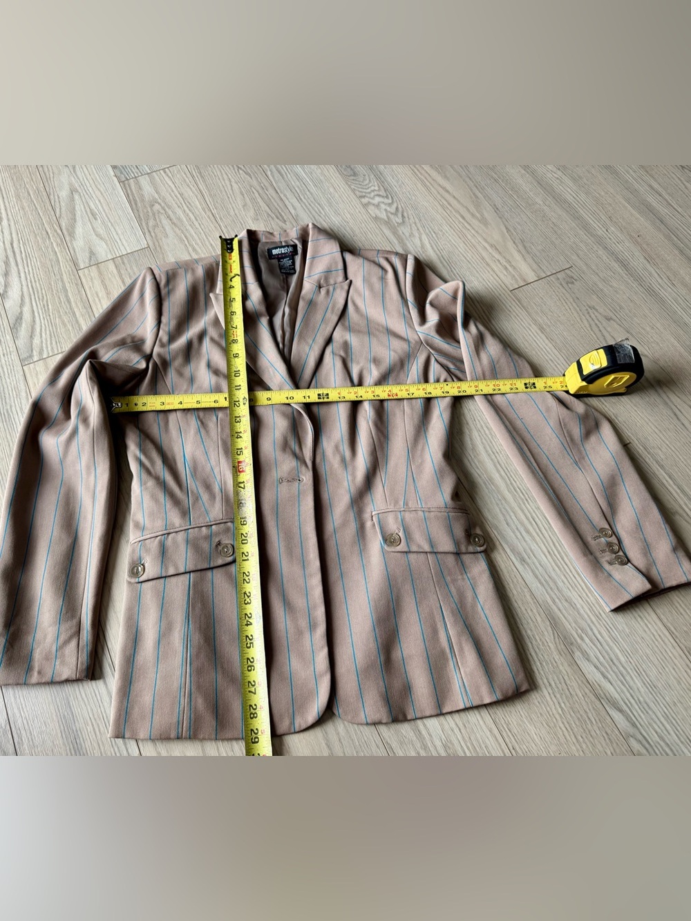 Metrostyle Pantsuit Taupe with Teal Blue Pinstripes